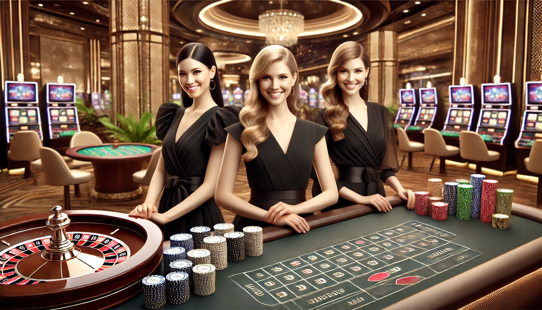 DALL·E 2025-02-13 09.35.03 - A sleek and realistic casino scene featuring three smiling female dealers in elegant black dresses. They are standing behind a stylish roulette table