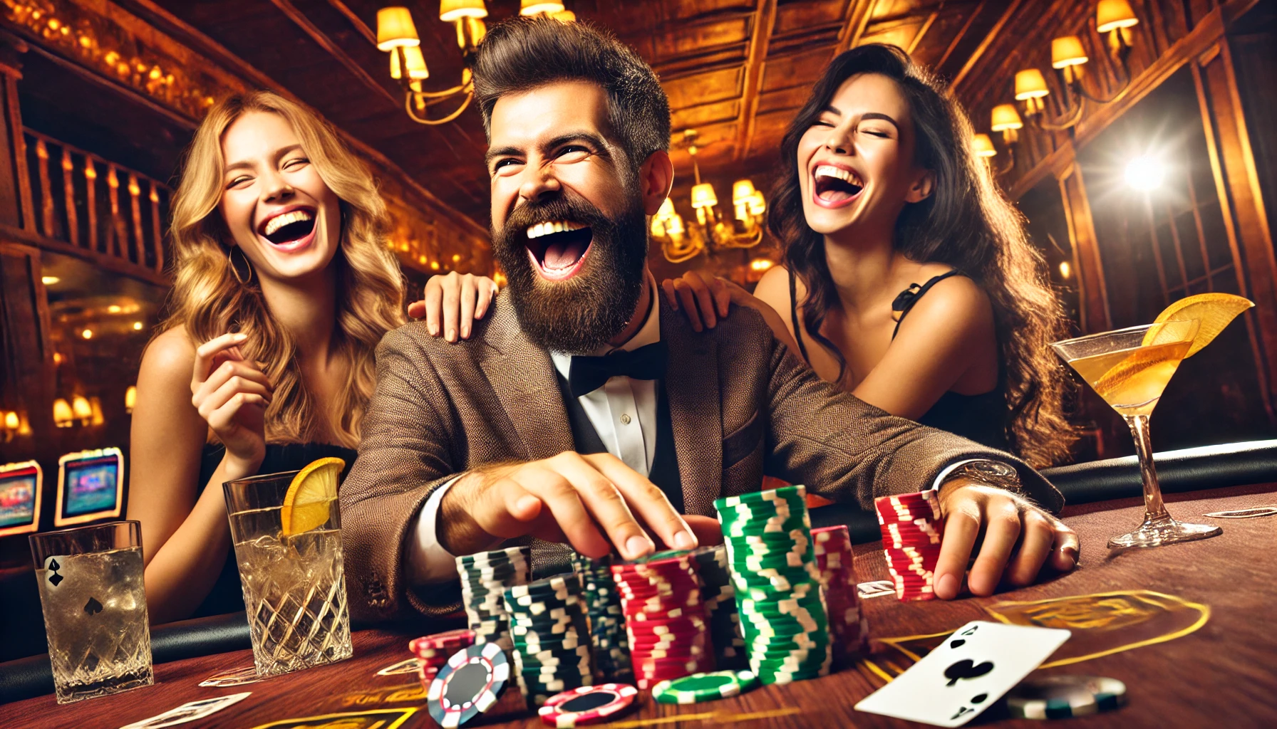 DALL·E 2025-02-13 10.09.42 - A lively and exciting casino scene featuring a bearded man with a big smile, surrounded by two joyful women. The man is reaching for a pile of poker c