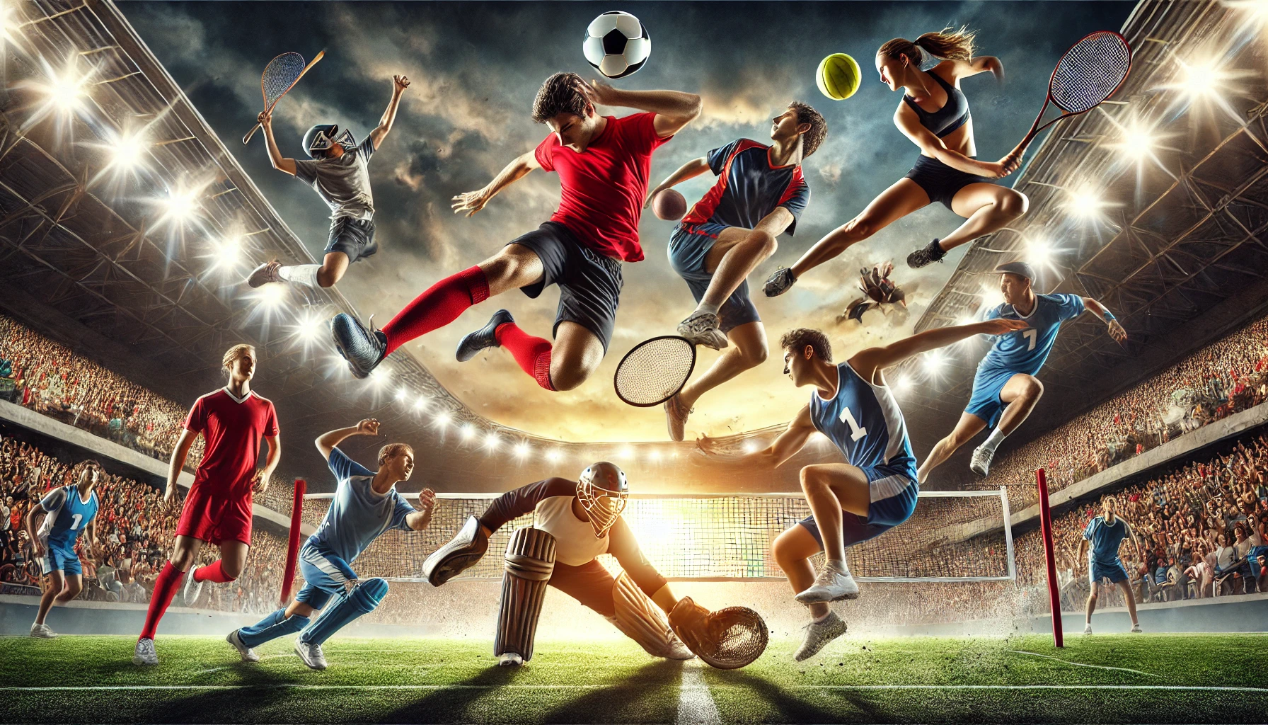 DALL·E 2025-02-13 10.13.12 - A dynamic and action-packed sports scene featuring multiple athletes from different sports colliding in a stadium. A soccer player in a red jersey is